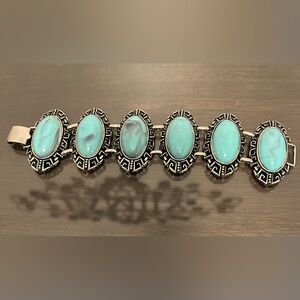 Signed VTG Karu Arke Chunky Silvertone Faux Turquoise Stone Wide  Bracelet